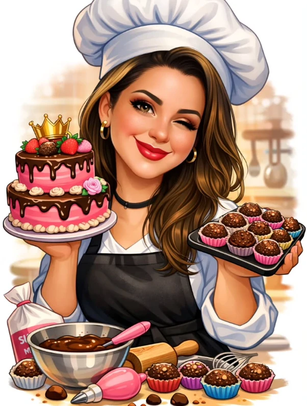 Ilustração de confeiteira da B&B Cakes com bolo e doces